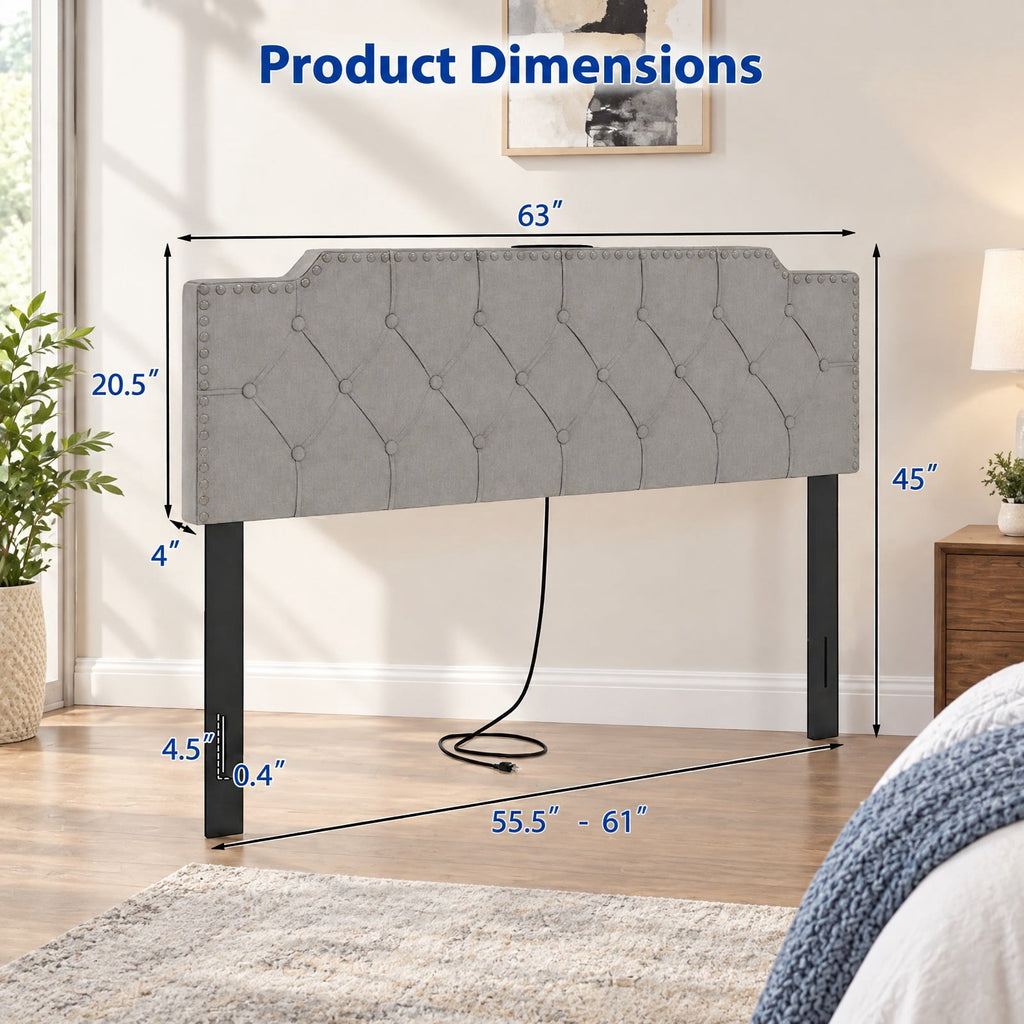 Airfind Headboard for Queen and Full Size Bed Rivet Tufted Upholstered Head Board, Rubber Wood Polyester Sponge MDF Frame, 63 x 4 x 45 Footprint