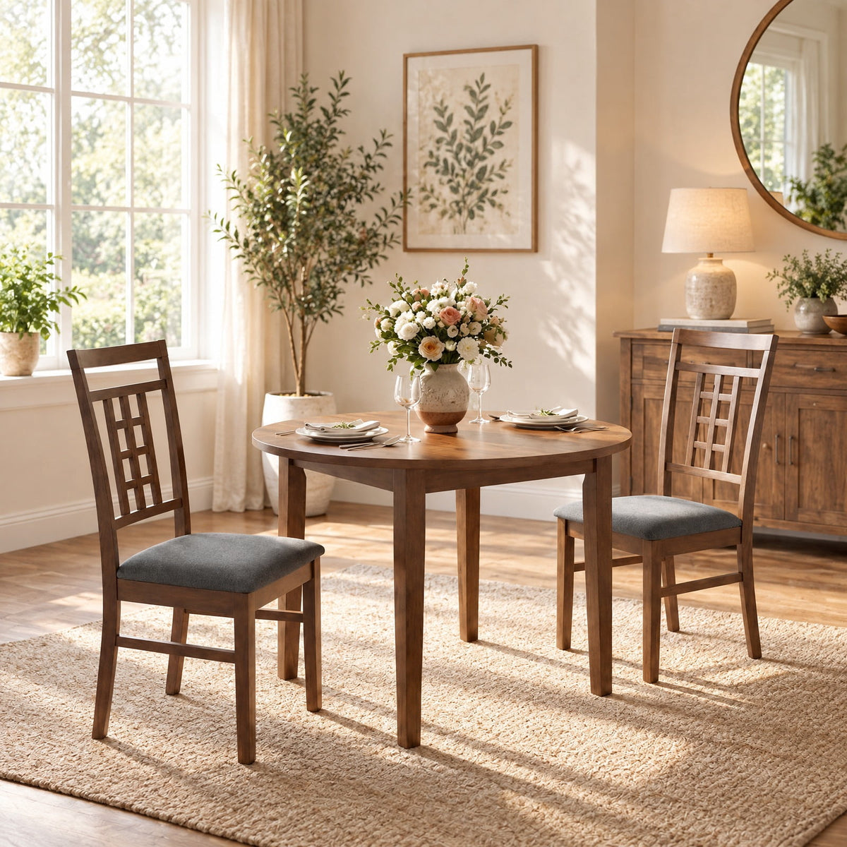 Airfind Rubber Wood Dining Chairs Set of 2 with Lattice Back, Chair 330 lbs Capacity, Rubber Wood Linen Fabric Sponge Frame, Brown