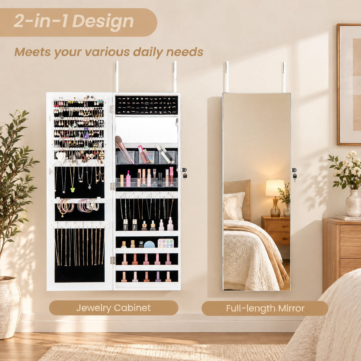 Airfind 43.5 Inch Jewelry Mirror Cabinet with Full-length Mirror and Adjustable Hangers, MDF Frame, White