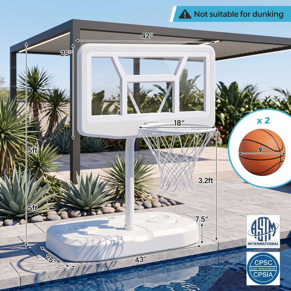 Airfind Pool Basketball Hoop Set with 2 Balls and Inflation Pump, Poolside Water Basketball Game with Weighted Fillable Base and Shatterproof Backboard for, White