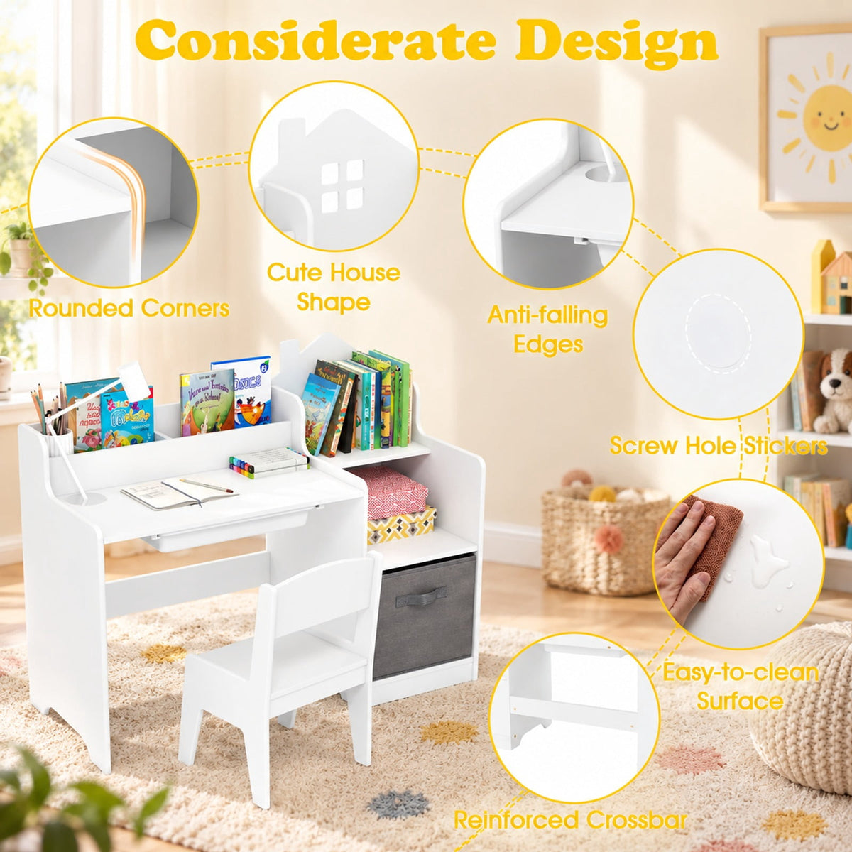 Airfind Kids Study Desk and Chair Set with Open Shelves Drawer and Fabric Storage Bin, 44 lbs Capacity, MDF Non-woven Fabric Desk Frame, White