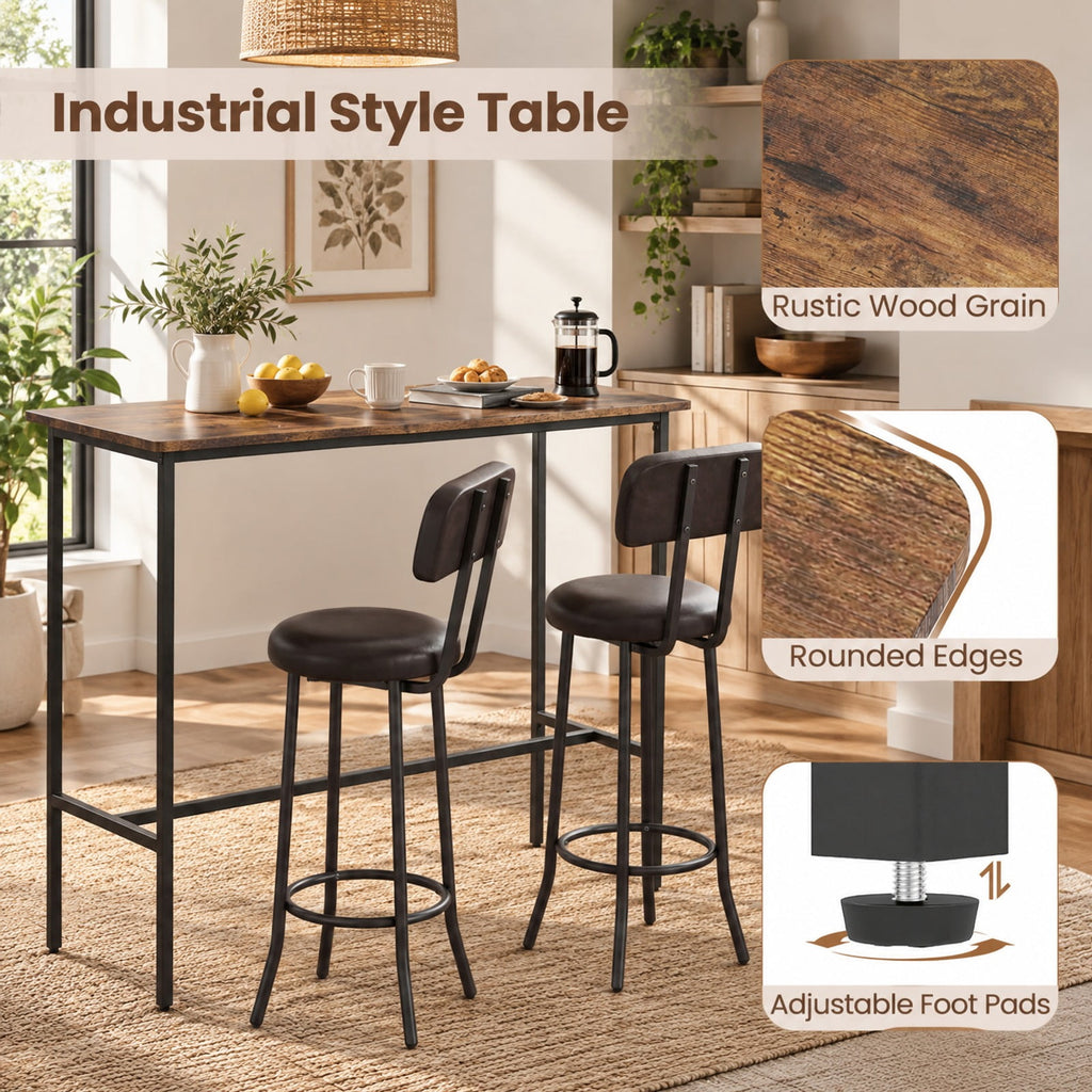 Airfind 3-Piece Industrial Bar Table Set with 2 Upholstered Stools and Footrests for Dining Room, 220 lbs Capacity, 40 × 16 × 36 Footprint, Brown