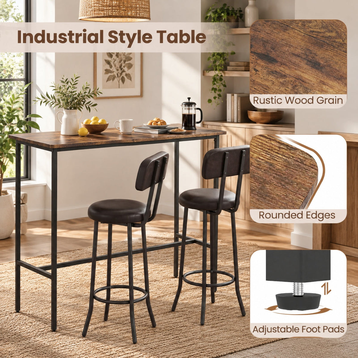 Airfind 3-Piece Industrial Bar Table Set with 2 Upholstered Stools and Footrests for Dining Room, 220 lbs Capacity, 40 × 16 × 36 Footprint, Brown