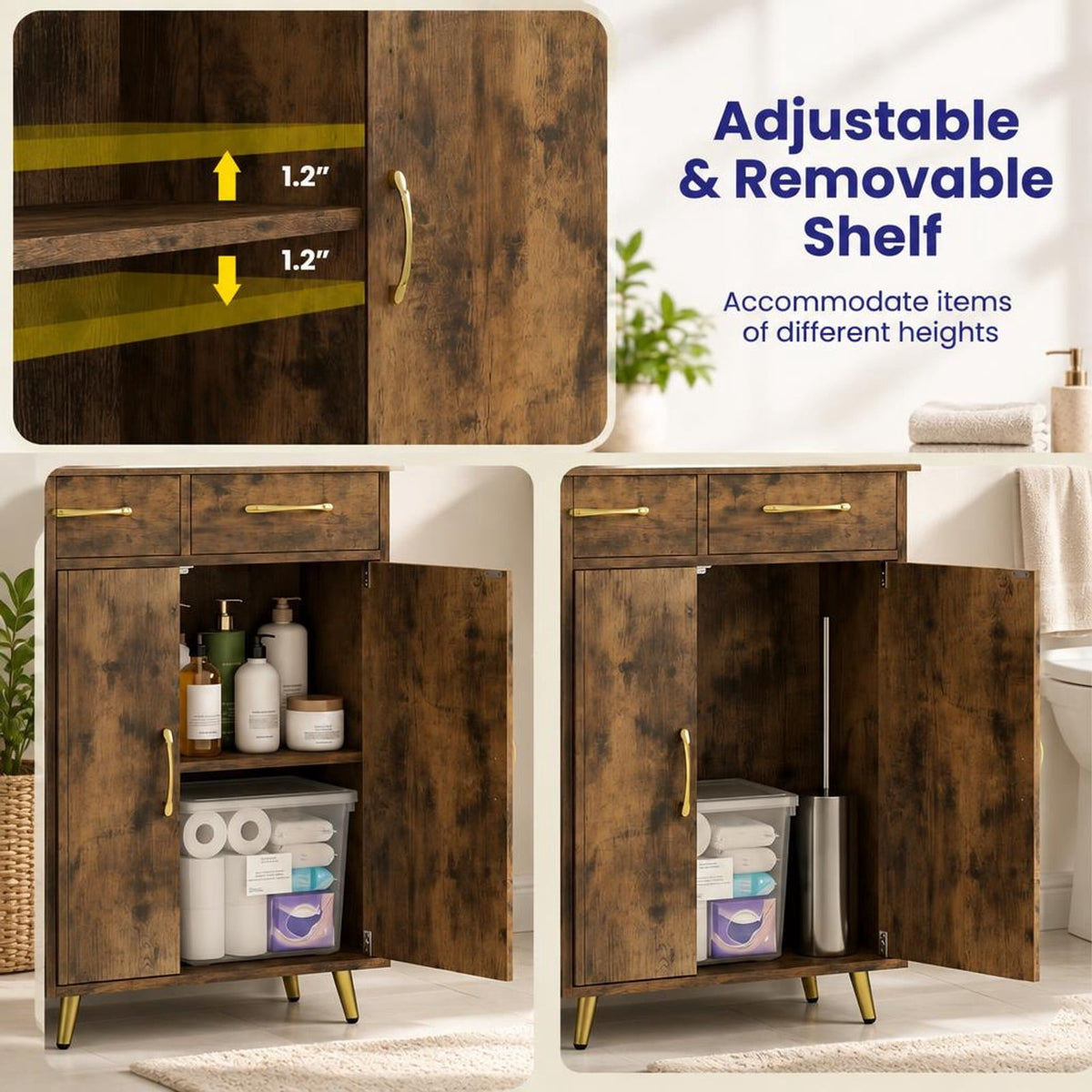 Airfind Bathroom Storage Cabinet Freestanding Floor Cabinet with 2 Drawers and 2 Doors, 44 lbs Capacity, Engineered Wood Metal Frame, Brown