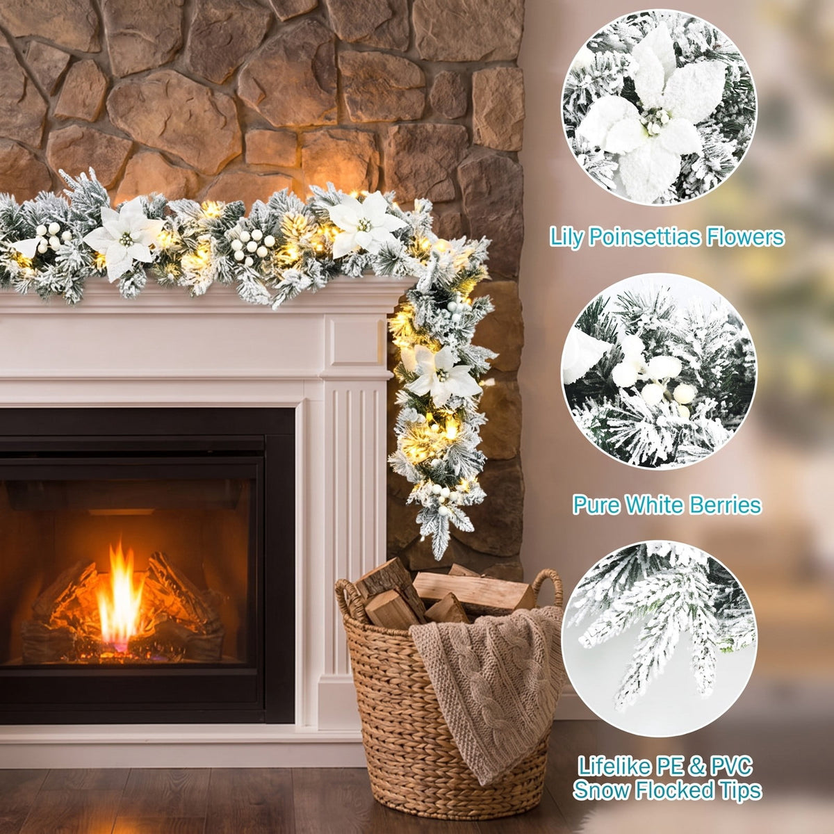 Airfind 9 Feet Pre-Lit Artificial Christmas Garland with 50 LED Lights, New PVC new PE Frame, 9 ft Footprint, White