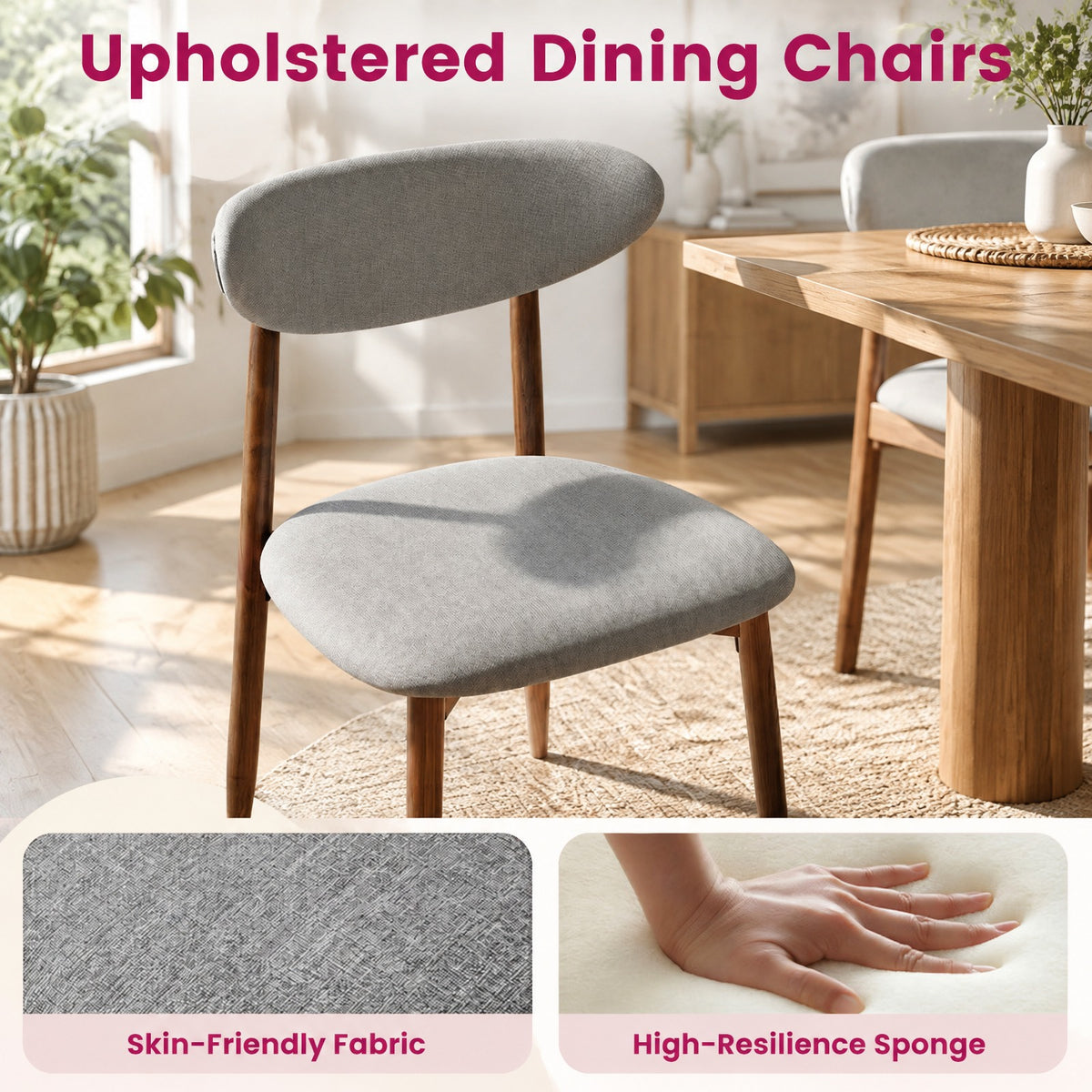 Airfind Set of 4 Fabric Upholstered Dining Chairs with Curved Backs, 330 lbs Capacity, Rubber Wood Polyester Fabric Sponge Frame, Gray