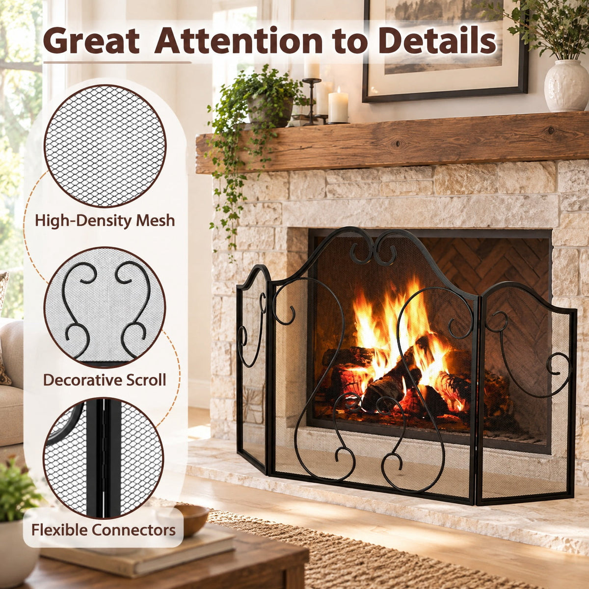 Airfind 3 Panel Fireplace Screen Foldable Spark Guard Cover with Decorative Scroll, Metal Frame, 40 × 24 Footprint, Black
