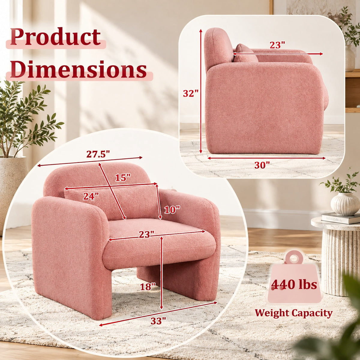 Airfind Modern Accent Chair with Waist Pillow and Armrests for Living Room Bedroom, 440 lbs Capacity, Sherpa Fabric Sponge Wooden Frame, Pink
