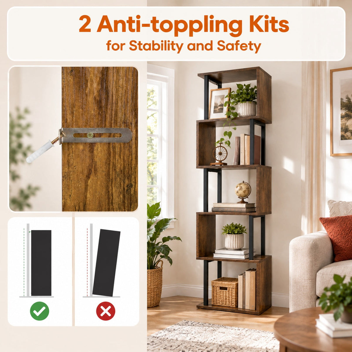 Airfind 5-Tier S-Shaped Bookshelf w/ Open Cubes Anti-toppling Kits for Living Room, 22 lbs Capacity, Engineered Wood Frame, Brown