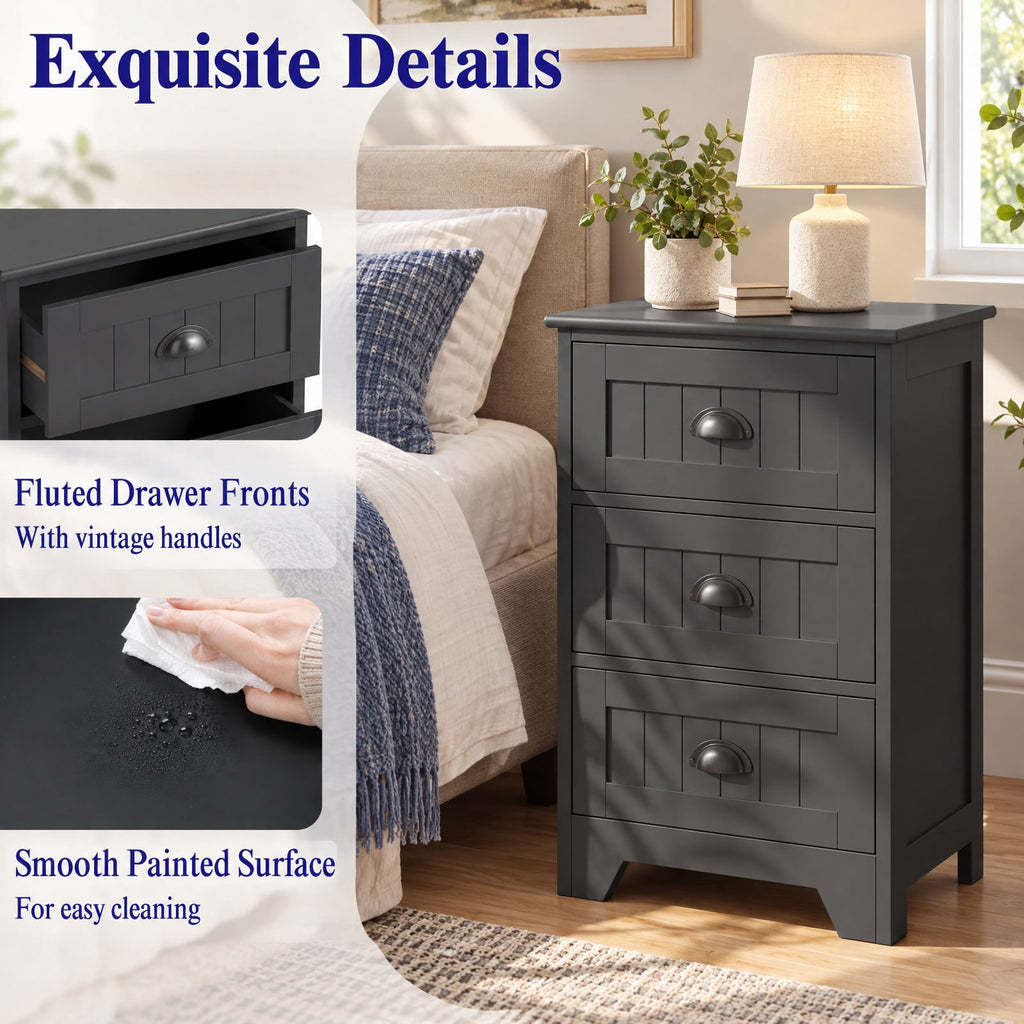 Airfind 3 Drawers End Storage Wood Side Nightstand, 88 lbs Capacity, P2 MDF Frame, 18 x 12 x 27 Footprint, Black