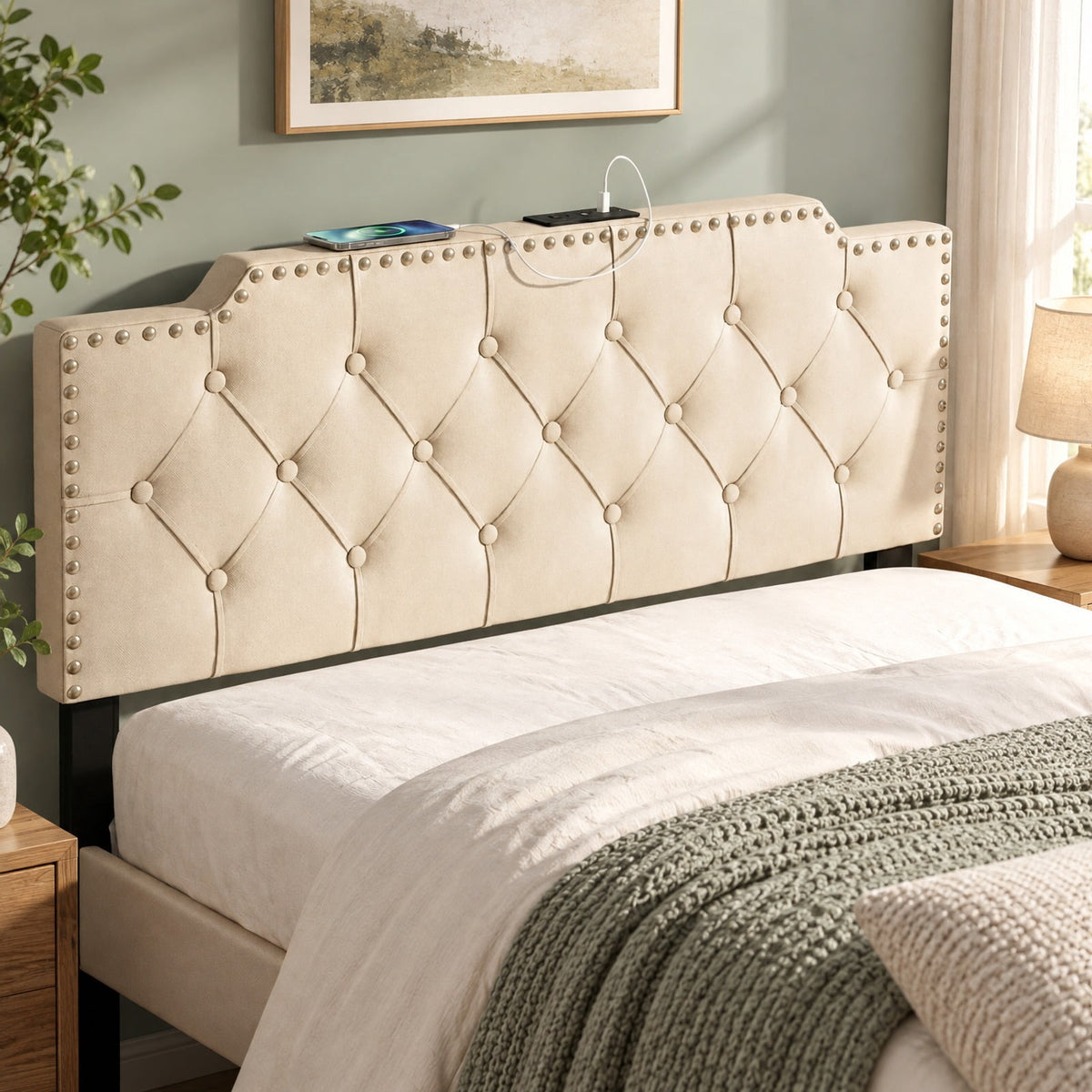 Airfind Upholstered Headboard with Built-in Charging Station, AC, USB and Type-C Ports, Rivet Tufted Headboard for Queen and Full Size Bed, Beige