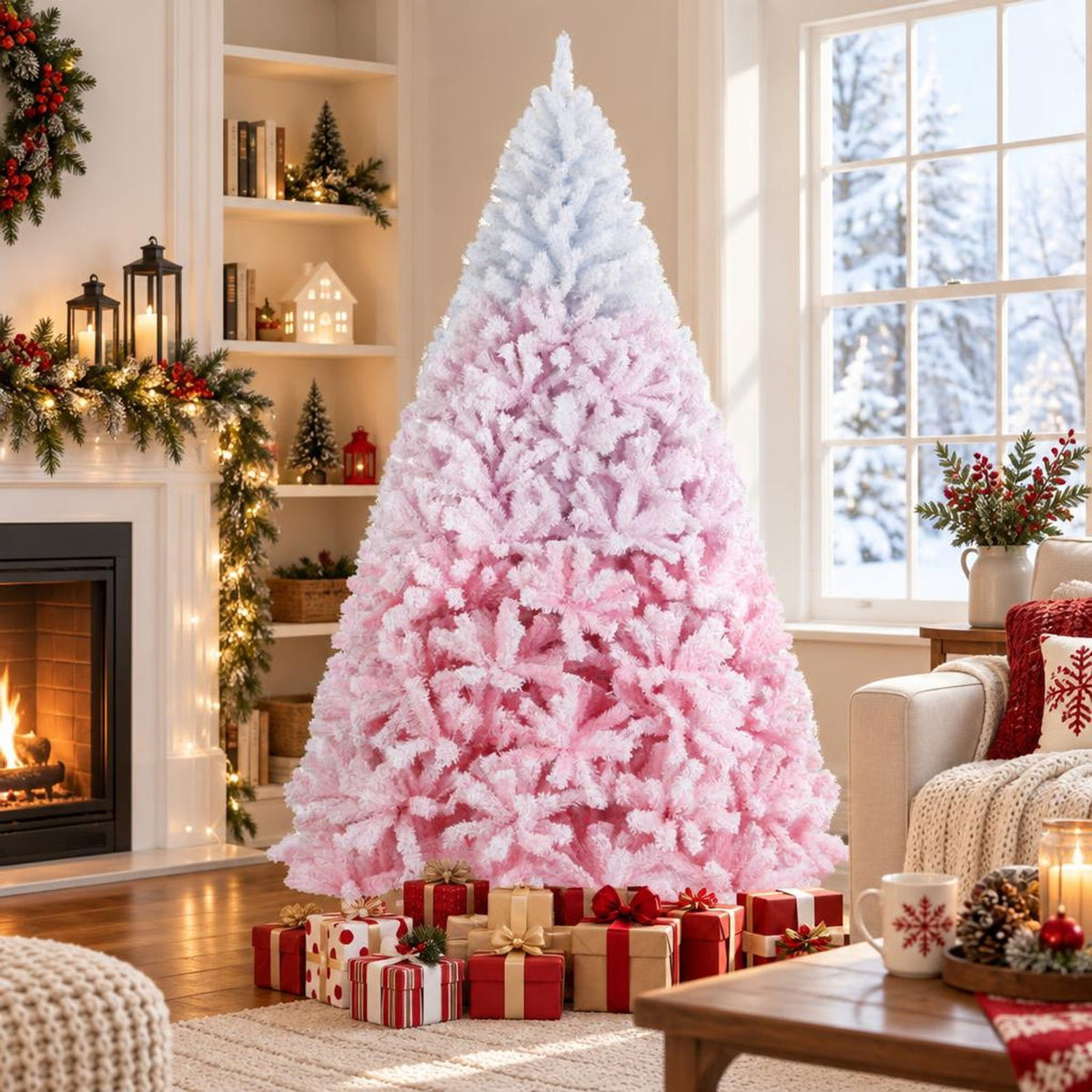 Airfind 2025 New Artificial Christmas Tree with Folding Metal Stand and 456 Branch Tips-8 FT, Pink, Diameter of Stand 16in 18in 20in 22in