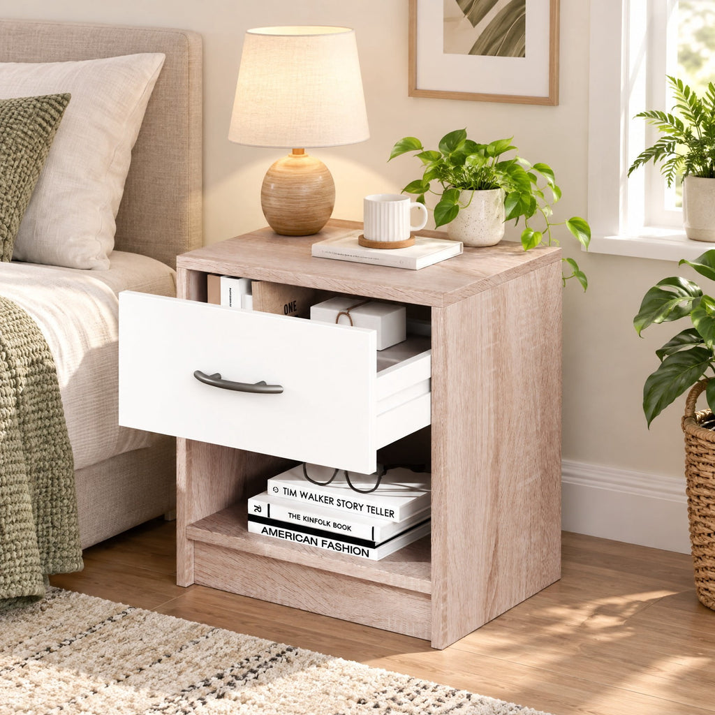 Airfind Bedside Table Nightstand with Drawer and Open Storage Shelf-Natural White, 22 lbs Capacity, Engineered Wood HDF PP HDPE Frame, Natural