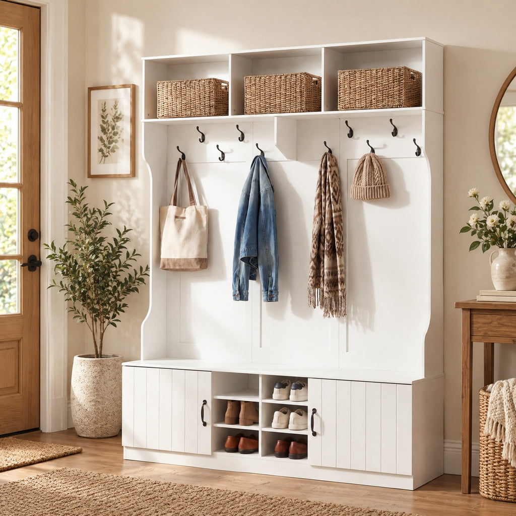 Airfind 59in Wide 6-in-1 Hall Tree with Bench and Storage, 155 lbs Capacity, Engineered Wood MDF Frame, 59in × 16in × 80in Footprint, White