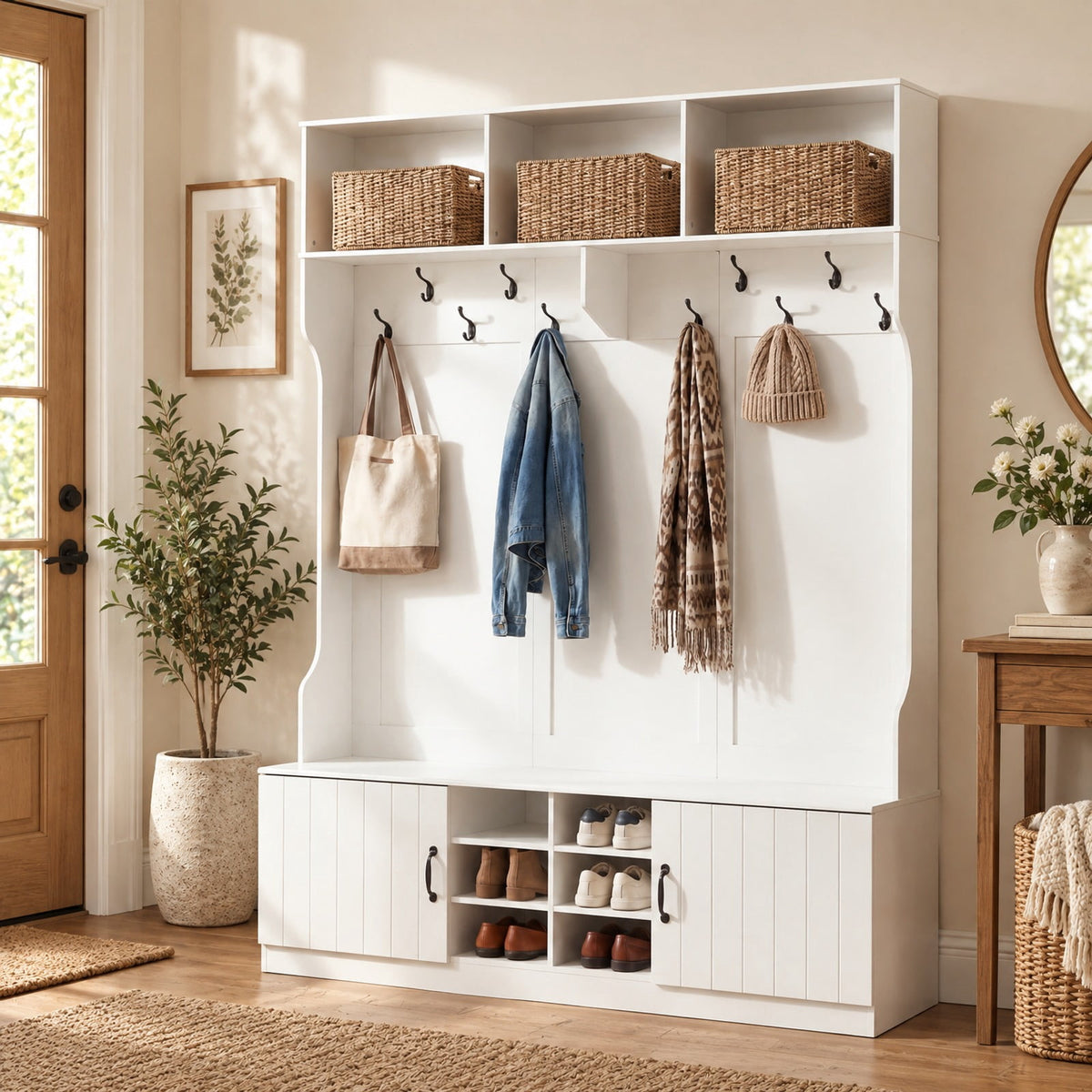 Airfind 59in Wide 6-in-1 Hall Tree with Bench and Storage, 155 lbs Capacity, Engineered Wood MDF Frame, 59in × 16in × 80in Footprint, White