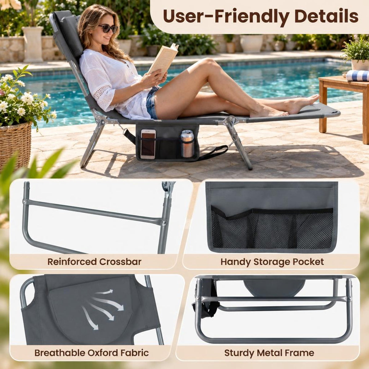 Airfind Folding Beach Lounge Chair with Adjustable Backrest for Lawn, 330 lbs Capacity, Metal Oxford Fabric Polyester Sponge Frame, Gray