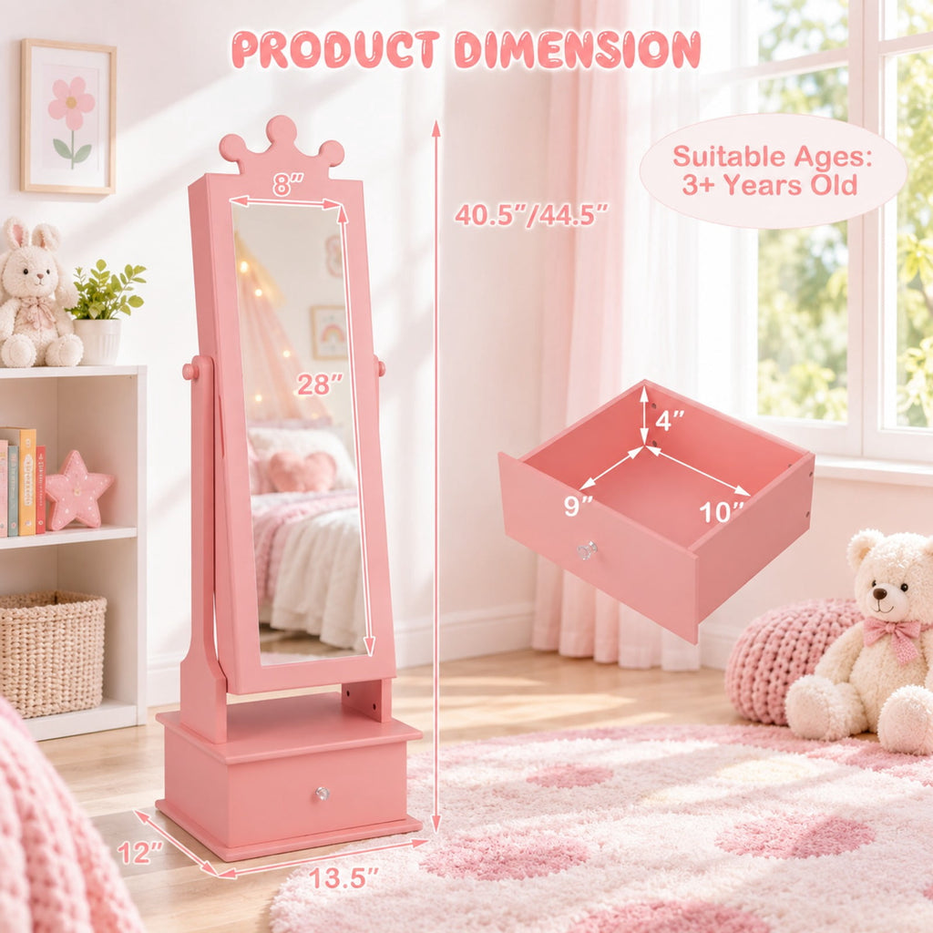 Airfind 2-in-1 Kids Play Jewelry Armoire with Full Length Mirror and Drawers, MDF Glass Frame, for 3+ Years Old, 13.5 x 12 x 40.5/44.5 Footprint