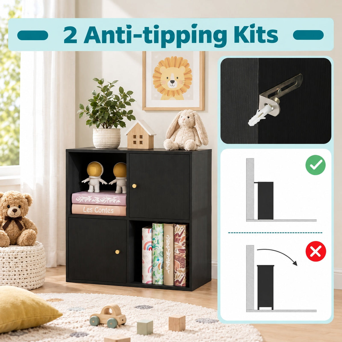 Airfind 4-Cube Bookcase 3-Tier Bookshelf with Dual Anti-Tipping Kits and 2 Cabinets, 110 lbs Capacity, MDF Engineered Wood Frame, Black