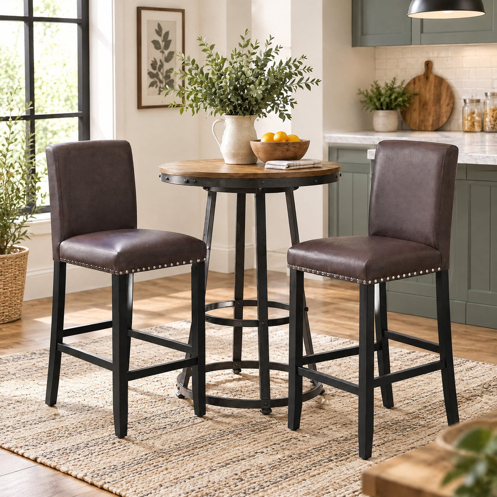 Airfind Set of 2 Bar Stools with Back for Kitchen Island, 245 lbs Capacity, Linen fabric(Gray)/PVC Leather(Black) LVL Frame, Brown