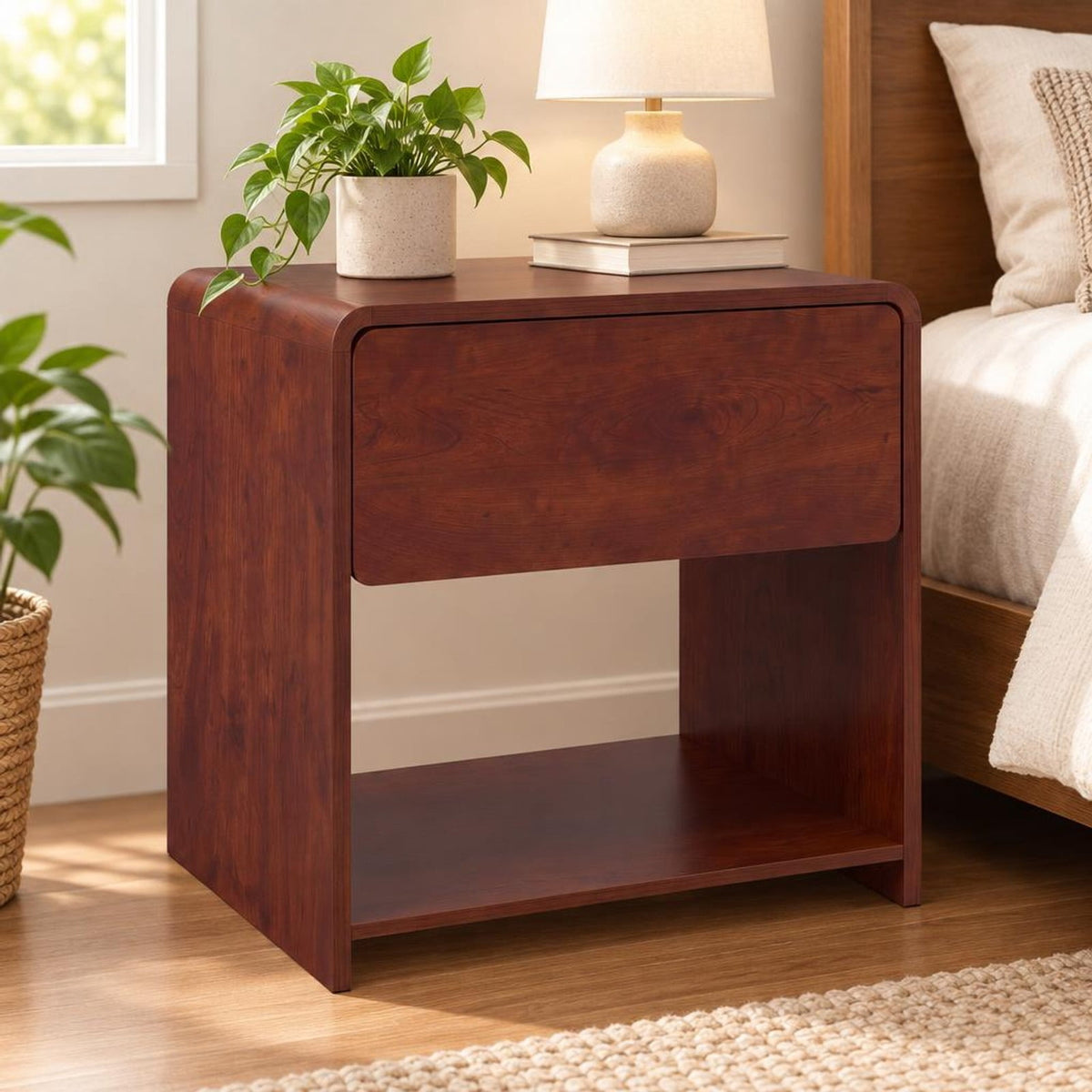 Airfind 2-Tier Modern Style Nightstand with Drawer and Open Shelf for Bedroom, in Total 77 lbs Capacity, Metal Engineered Wood Frame, Walnut