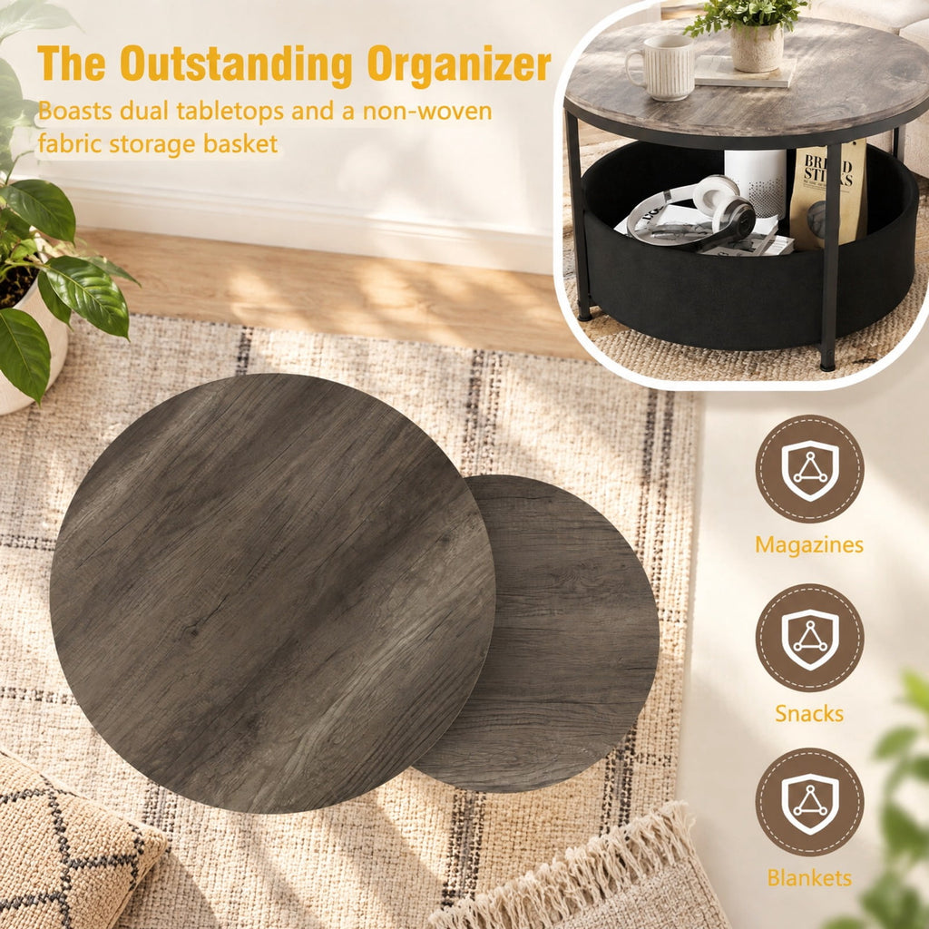 Airfind Round Coffee Table Set of 2 31.5 and 24 Circle Cocktail Table with Fabric Storage Basket, 110 lbs Capacity, 31.5 x 19 Footprint, Gray