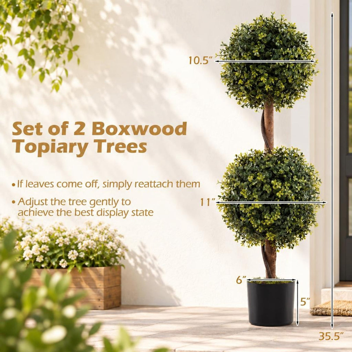 Airfind Set of 2 Artificial Double Topiary Ball Trees, PE Birch Wood Natural Moss PP Cement Overall Height 35.5 Frame, Green