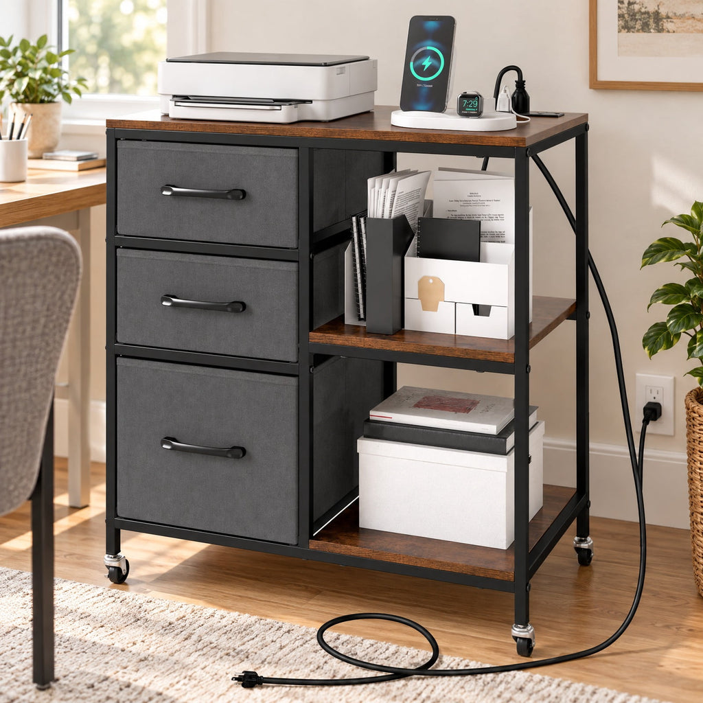 Airfind 3 Drawer Mobile File Cabinet with Charging Station Rolling Printer Stand with Open Storage Shelves, 44 lbs Capacity, Brown
