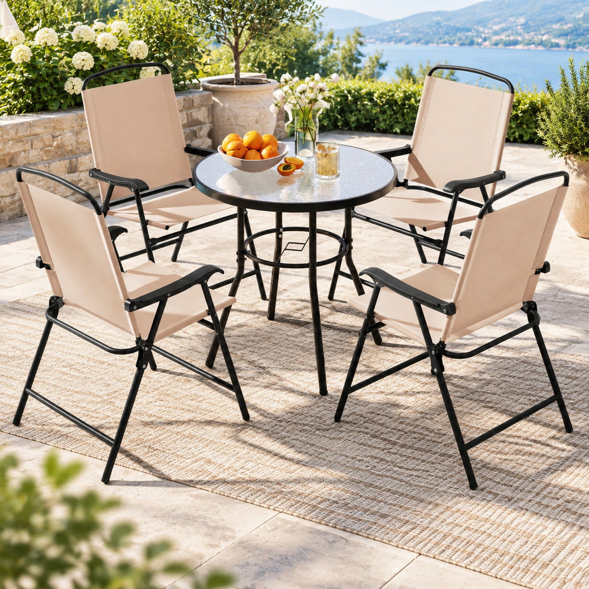 Airfind 6 Pieces Patio Dining Set with Umbrella and 4 Folding Armchairs, 165 lbs Capacity, Metal Fabric Frame, 23 x 21.5 x 34 Footprint, Beige