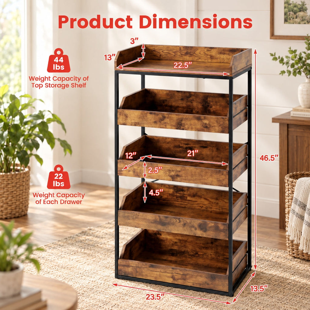 Airfind 5, Tier Food Storage Rack with 4 Pull, out Drawers and Adjustable Feet, Rustic Brown, Assembly needed, for Everyday Home Use