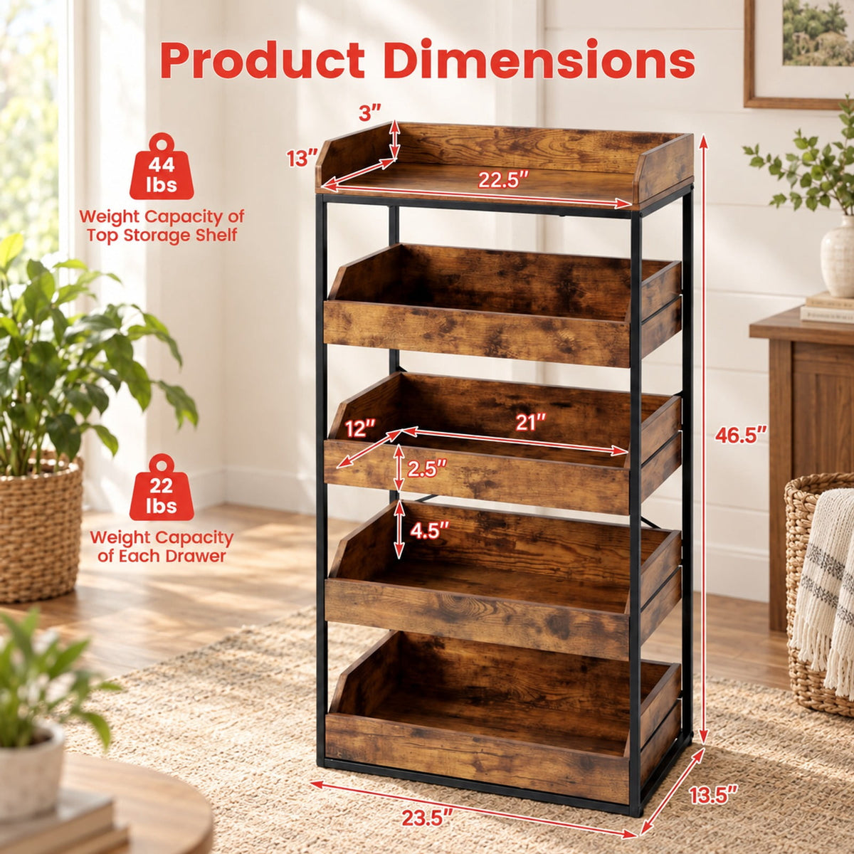 Airfind 5, Tier Food Storage Rack with 4 Pull, out Drawers and Adjustable Feet, Rustic Brown, Assembly needed, for Everyday Home Use