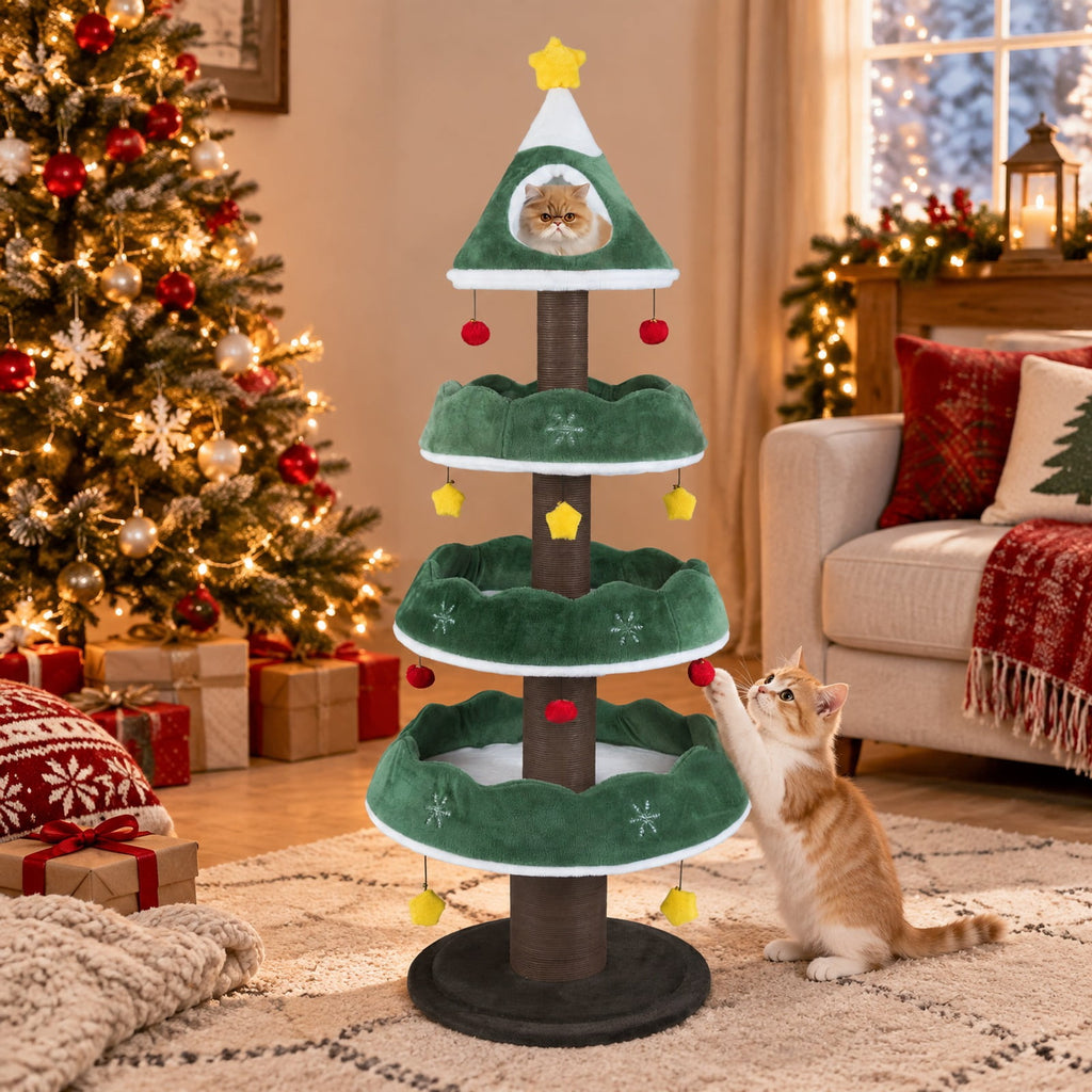 Airfind Multi-level Christmas Cat Tree with 3 Platforms and Upholstered Top Perch, 33 lbs Capacity, 27.5in x 70.5in Base Footprint, Multicolor