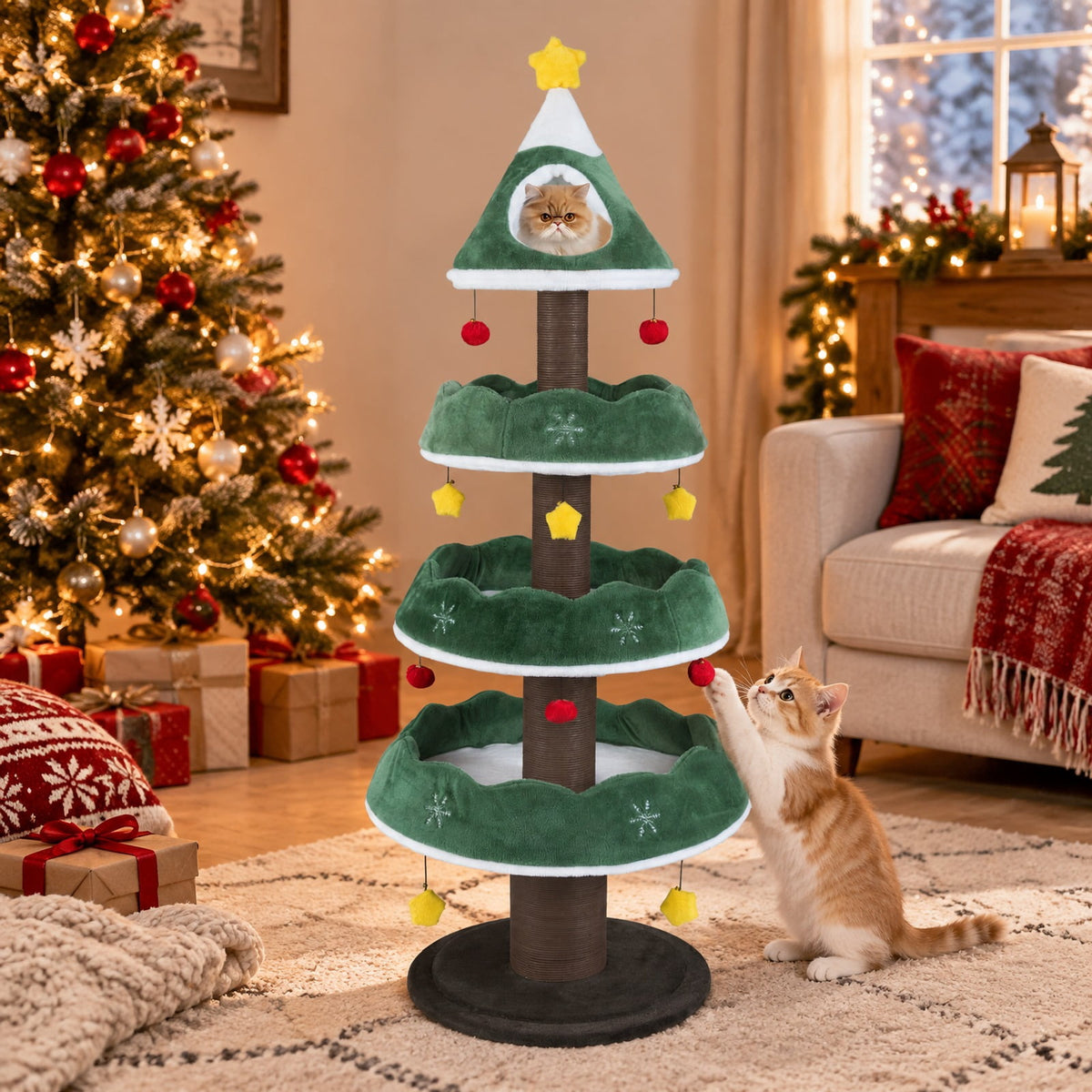 Airfind Multi-level Christmas Cat Tree with 3 Platforms and Upholstered Top Perch, 33 lbs Capacity, 27.5in x 70.5in Base Footprint, Multicolor