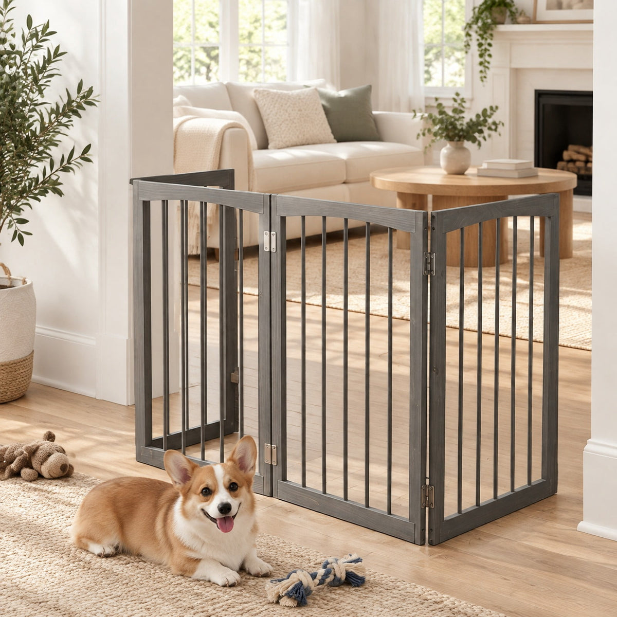 Airfind Wooden Pet Fence, 83 inch L x 30 inch H Dog Gate 4-Panel, for Indoor, Fir Wood Fully Expandable Frame, 21 Inch x 2.2 Inch x 30 Inch Footprint, Gray
