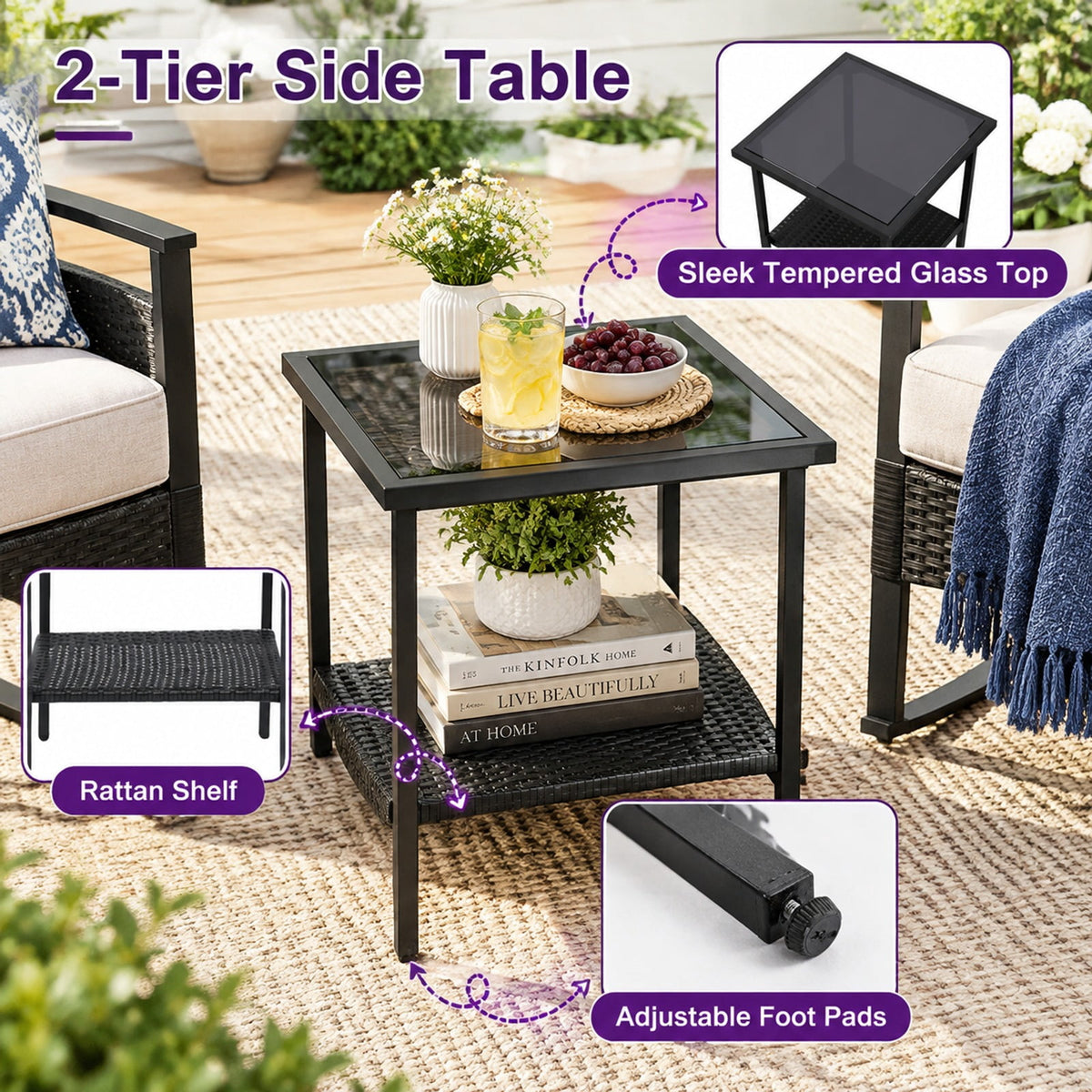Airfind 3 Pieces Outdoor Rattan Rocking Chairs Set with 2-Tier Side Table for Garden Backyard, Table 100 lbs Capacity, 18 x 18 x 18.5 Footprint
