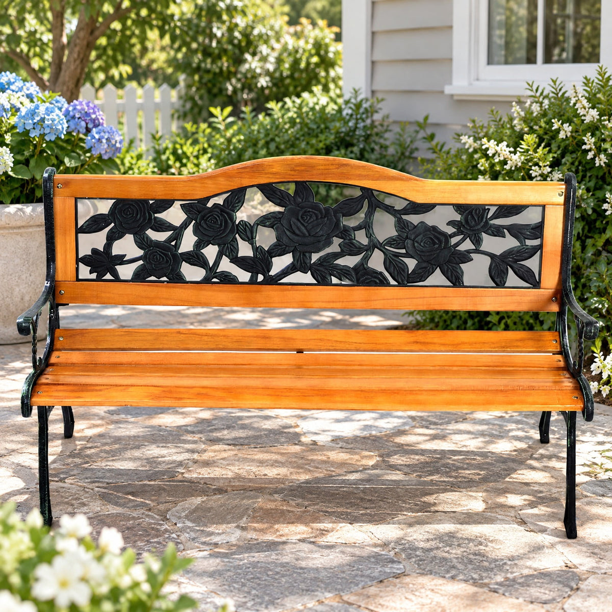 Airfind Garden Bench Chair Outdoor Wooden Loveseat with Iron Armrest, 463 lbs Capacity, Cast Iron Frame, Black + Natural