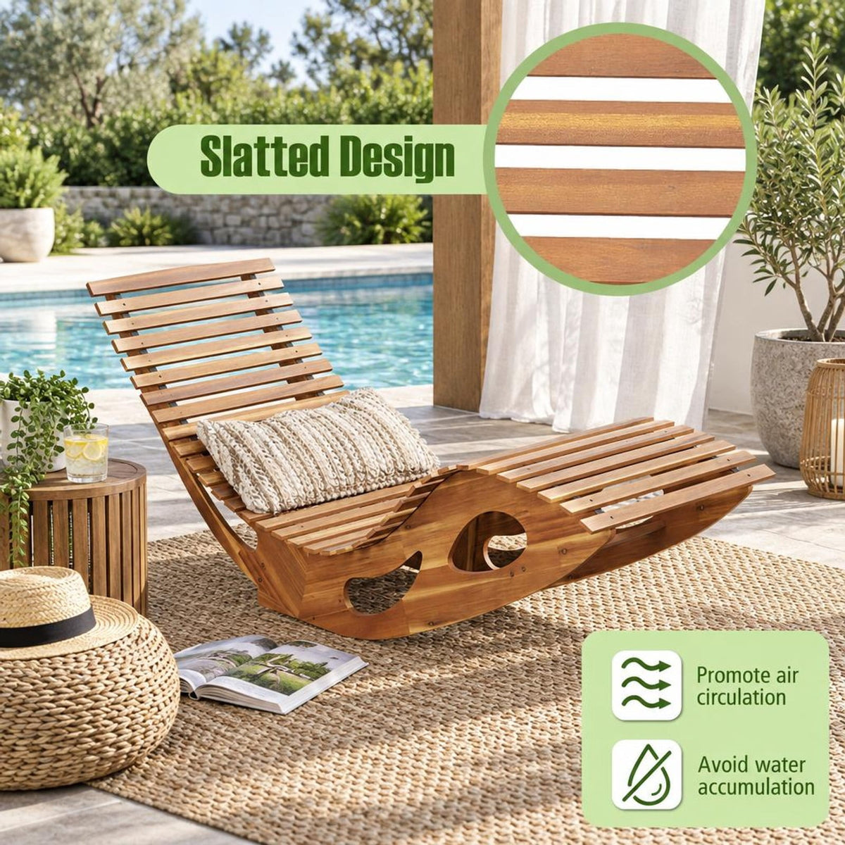 Airfind Acacia Wood Patio Rocking Sun Lounger Chaise Lounge with Ergonomic Curved Seat, 350 lbs Capacity, Acacia Wood Frame, Wood