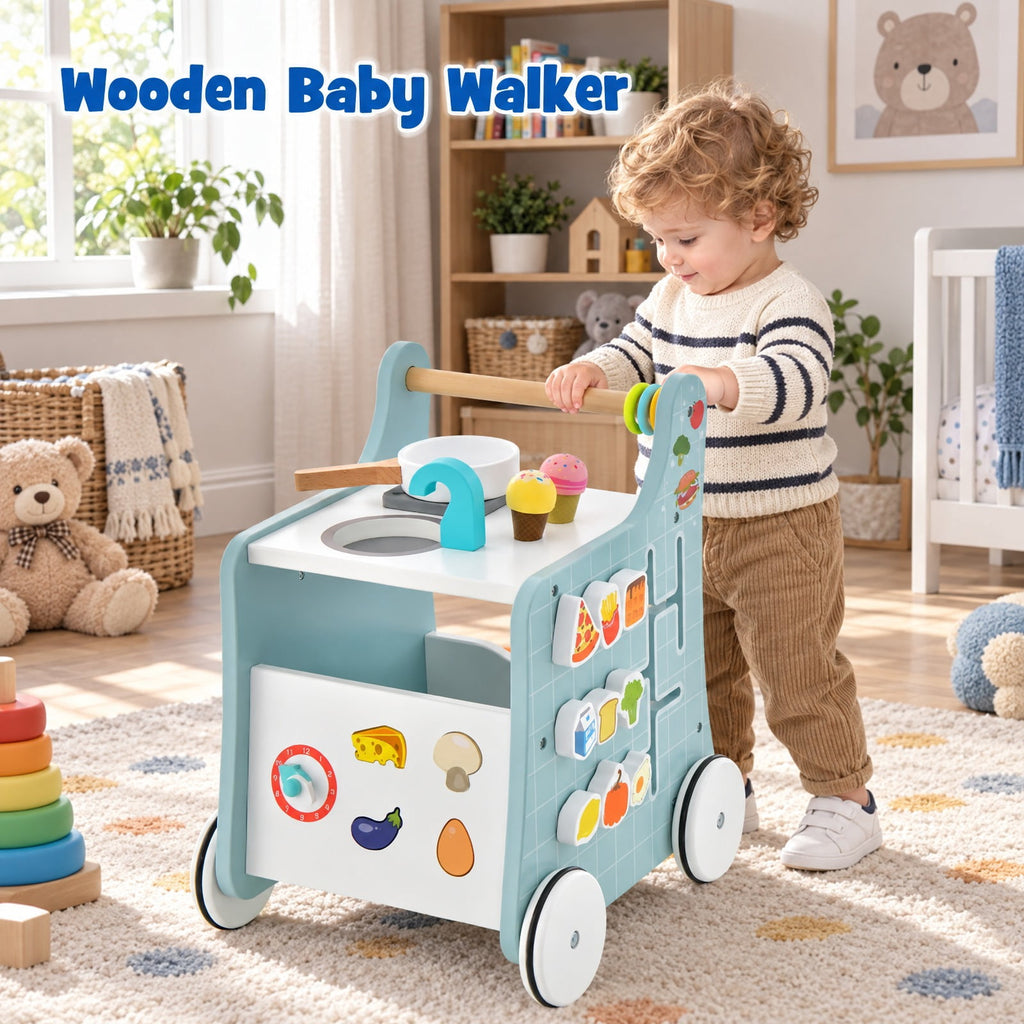 Airfind 6-in-1 Wooden Baby Stroller with Play Kitchen for Kids Over 12 Months, MDF Beech Wood Plastic Frame, 12 x 13.5 x 16.5 Footprint, Blue
