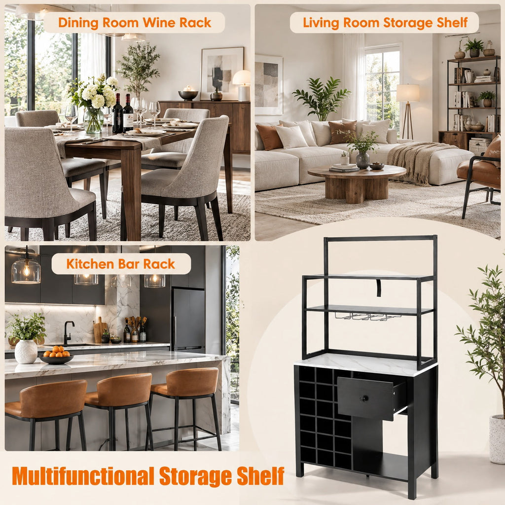Airfind Kitchen Bakers Rack Freestanding Wine Rack Table with Glass Holder and Drawer, Engineered wood steel Frame, 31 x 16 x 64 Footprint, Black