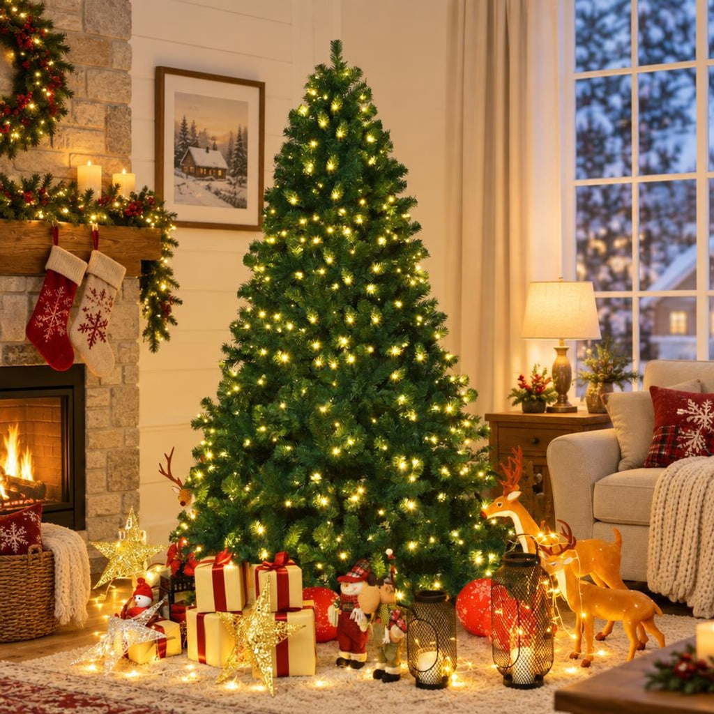 Airfind 7.5 Feet PVC Artificial Christmas Tree with LED Lights-7.5 ft, PVC iron Frame, 4.3 x 7.5 H Footprint, Green