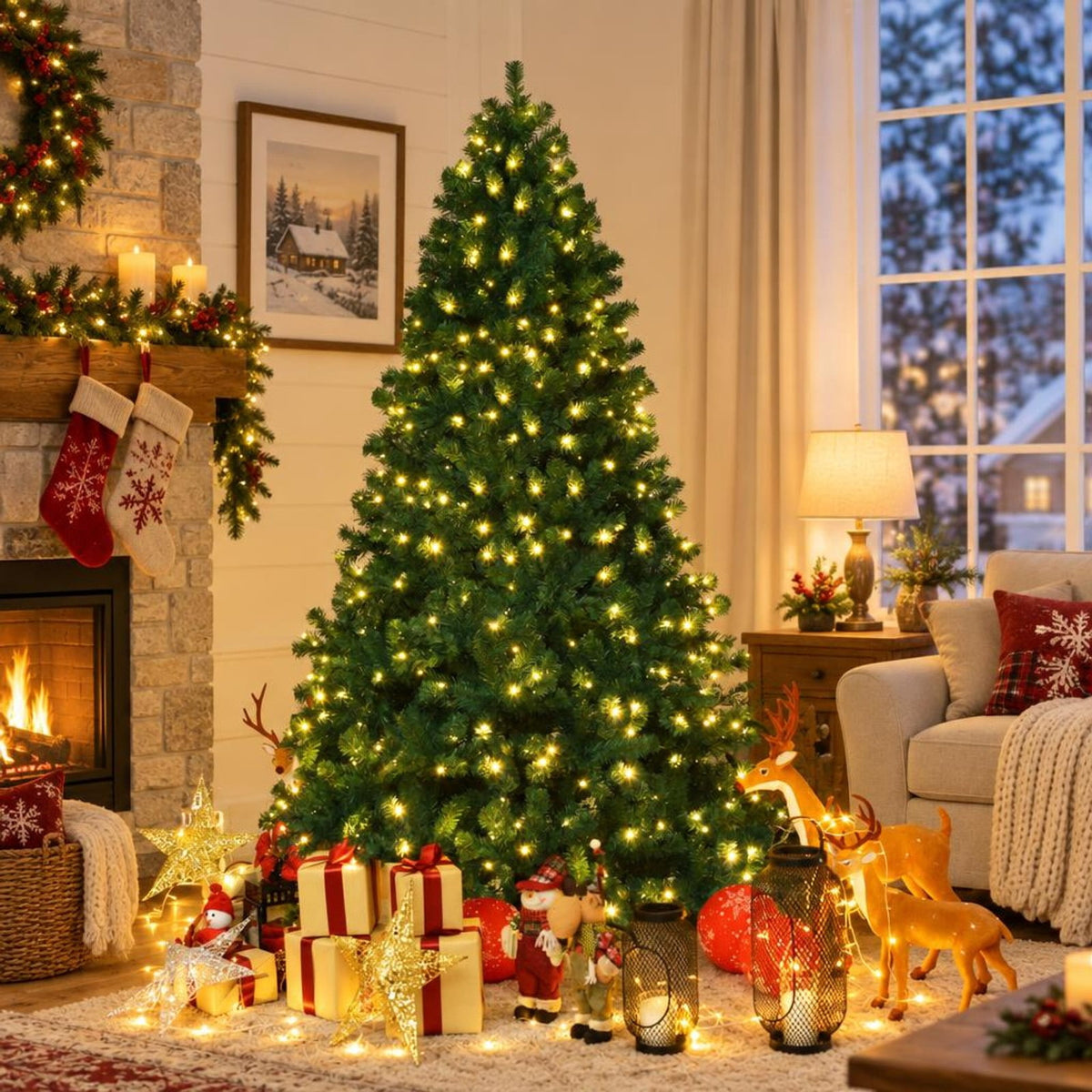 Airfind 7.5 Feet PVC Artificial Christmas Tree with LED Lights-7.5 ft, PVC iron Frame, 4.3 x 7.5 H Footprint, Green