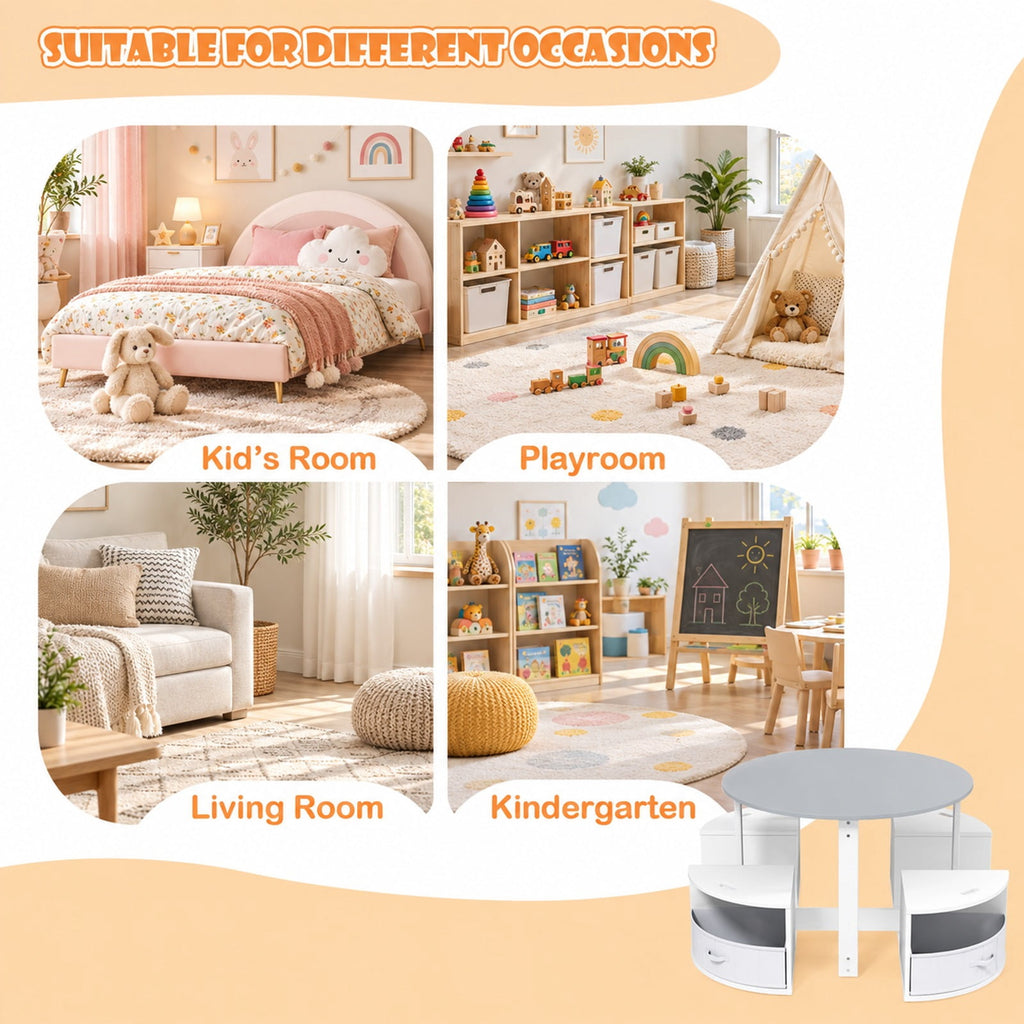 Airfind Youth Round Nesting Table, 5 Piece, with 4 Storage Stools for Activity, 110 lbs Capacity, MDF Frame, for 3+ years old, Gray