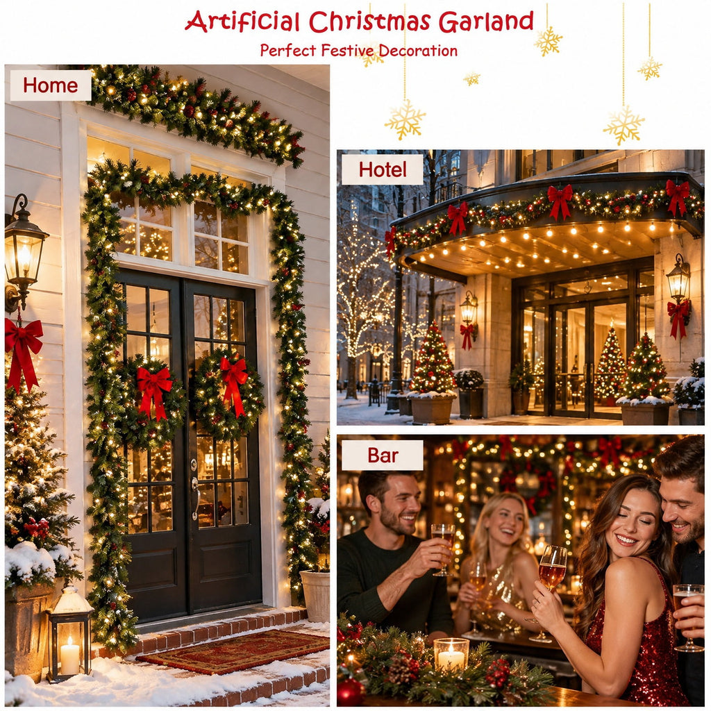 Airfind 9 Feet Pre-Lit Artificial Christmas Garland with LED Lights, New PVC pine needle Frame, Green