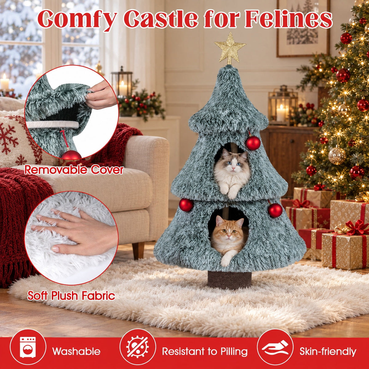 Airfind Christmas Cat Tree for Indoor Cats 48.5 inch Cute Cat Tower with 2 Large Condos Scratching Post, Engineered Wood Jute Rope Plush Frame