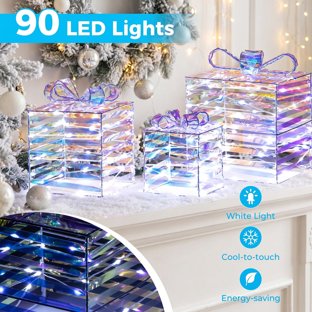 Airfind Set of 3 Christmas Lighted Gift Boxes with Bows and Plug, PVC Metal Frame, 10 Inch x 10 Inch x 10 Inch Footprint, of Light White