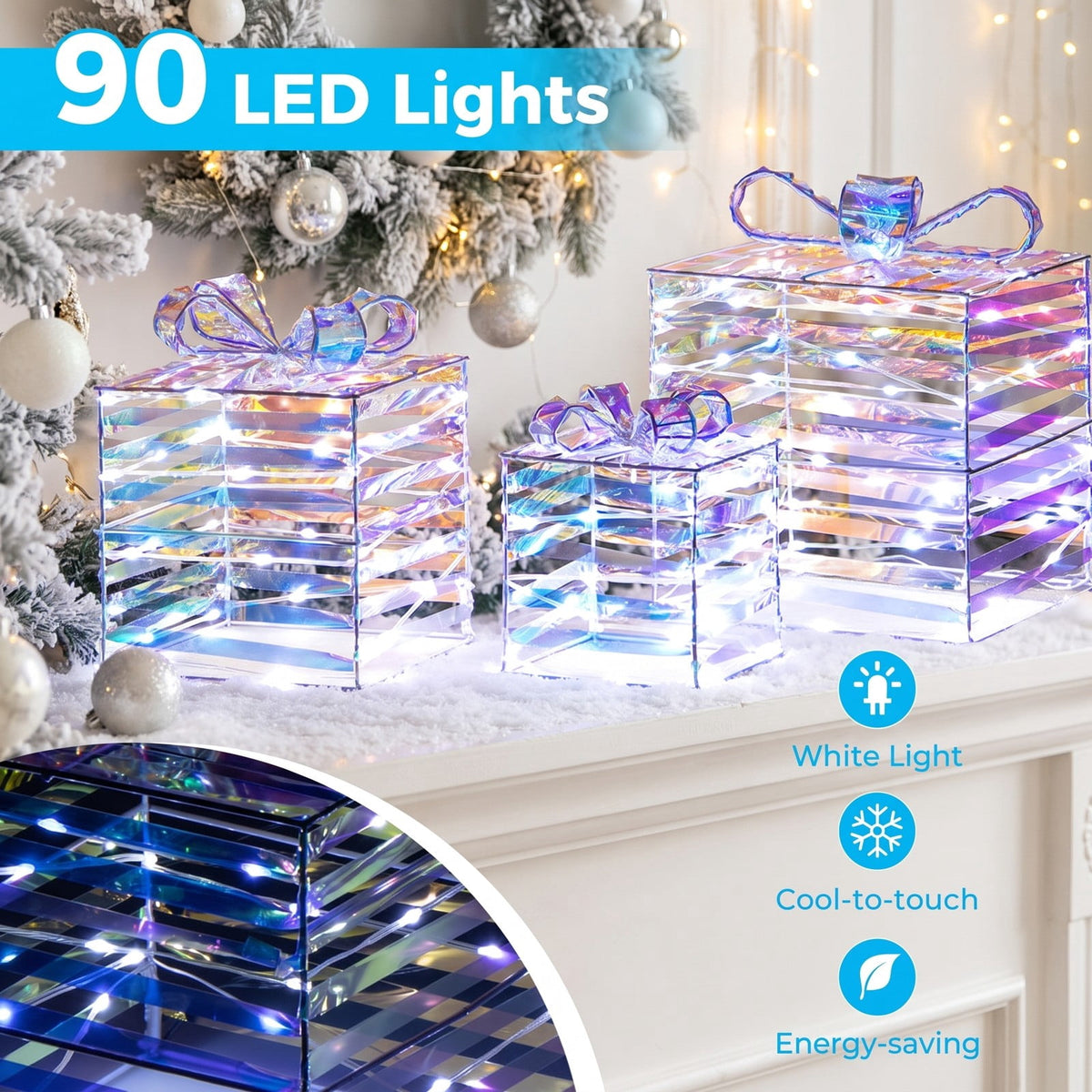 Airfind Set of 3 Christmas Lighted Gift Boxes with Bows and Plug, PVC Metal Frame, 10 Inch x 10 Inch x 10 Inch Footprint, of Light White