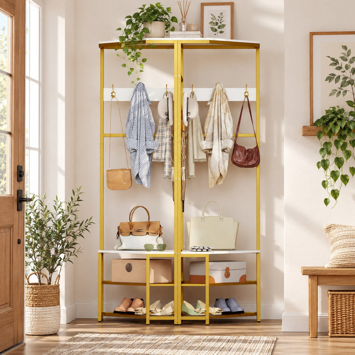 Airfind Corner Hall Tree Freestanding Coat Rack with Storage Shelves Removable Hooks, 220 lbs Capacity, Engineered Wood Metal Frame, White
