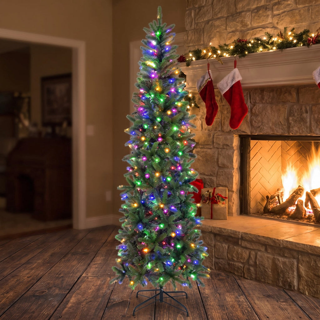 Airfind 7.5 Feet Pre-lit Full Artificial Christmas Tree with Warm White and Multi, PVC PE Metal Tree height: 7.5ft Tree width: 2.7ft Frame, White