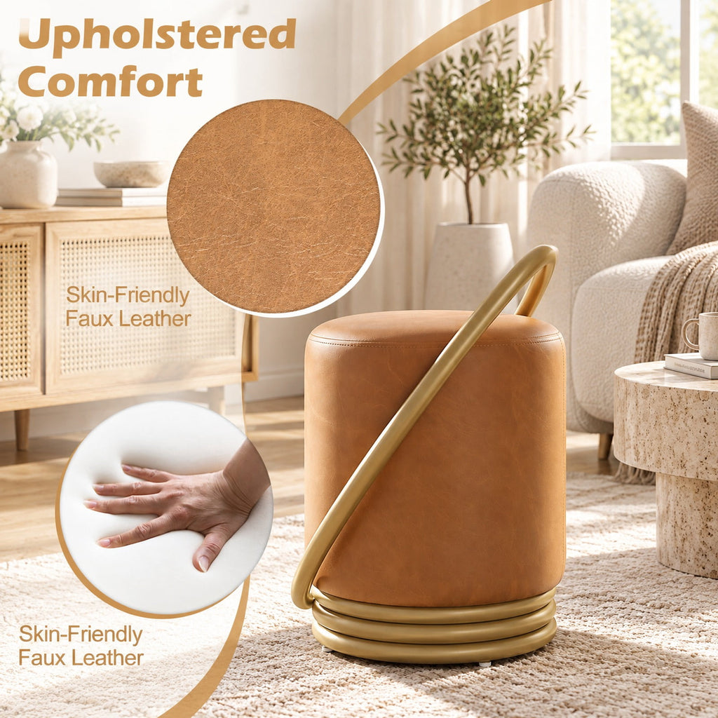 Airfind Vanity Stool, Round, Faux Leather Vanity Chair with Halo Design, 330 lbs Capacity, 17 Inch x 15 Inch x 21 Inch Seat Height 14 Inch Footprint, Brown