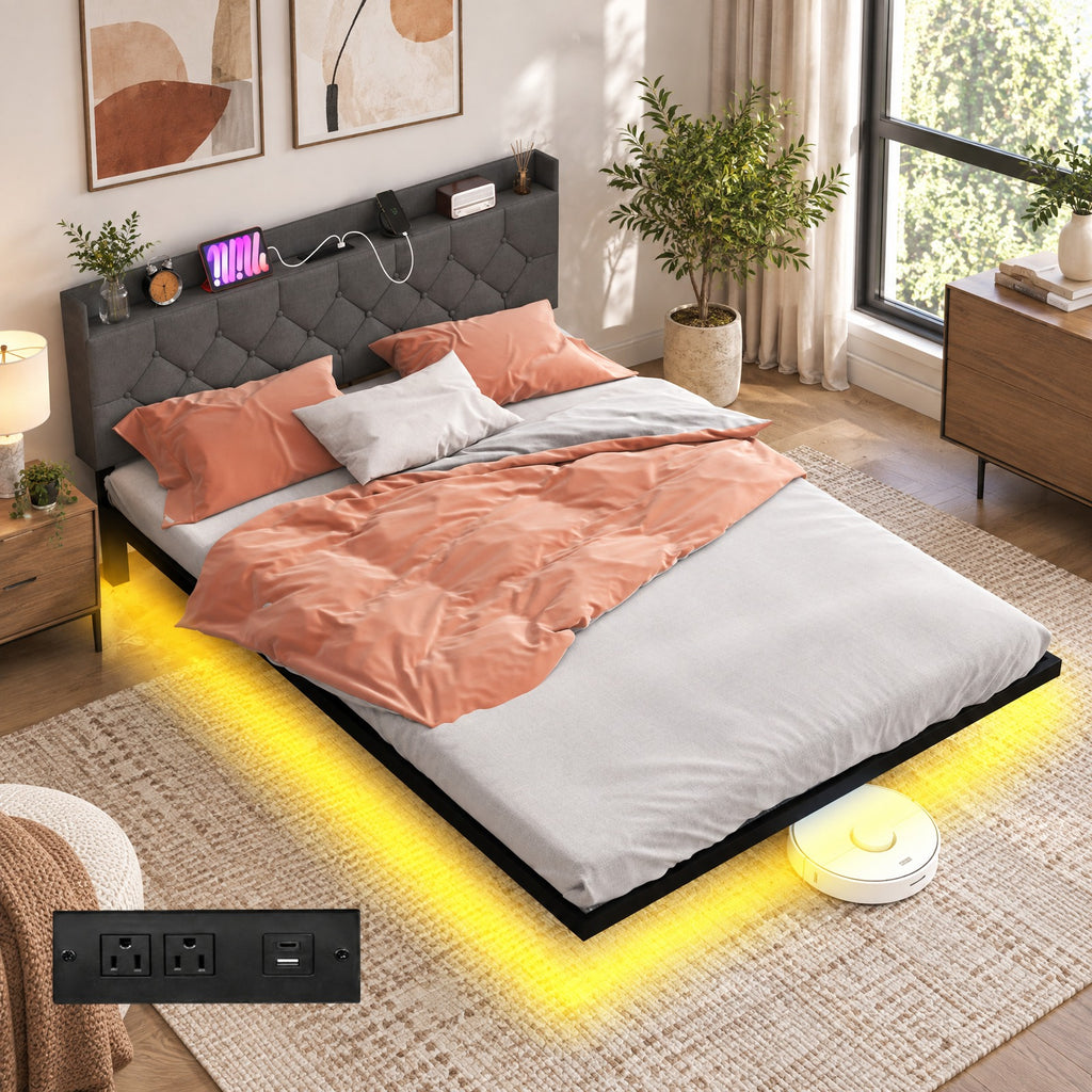 Airfind Full/Queen Size Floating Bed Frame with LED and Headboard and Charging Station, 660 lbs Capacity, 78.5 Inch x 55.5 Inch x 34 Inch Bed Platform Footprint