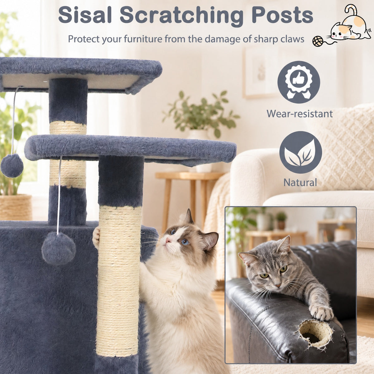Airfind 57 Inch Cat Tree with Dual Condos and Hammock and 2 Dangling Balls, 29 x 16 Footprint, Gray
